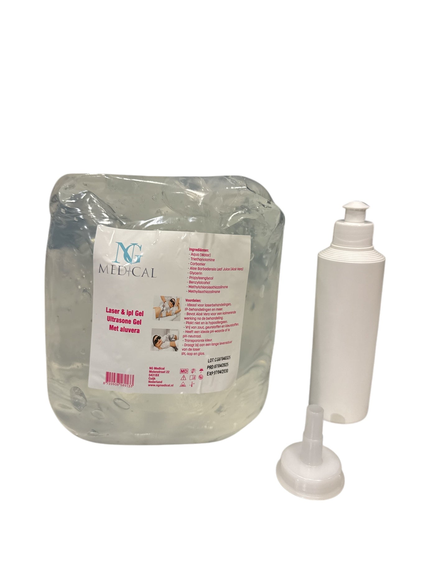 Laser & IPL Gel | Ultrasound Gel | Contact Gel – NG Medical 20L met Aloë Vera – 4x 5000ML Gratis zachte Cubitainers + Fles - BeautyPlein